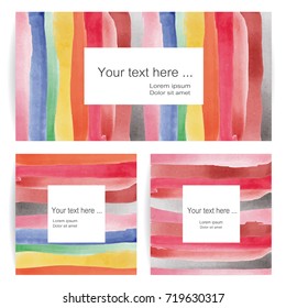 Watercolor vector post card templates set. Hand drawn rainbow background collection. Childish stylish hand made design.