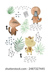 Watercolor vector poster with australian animals. Composition for greeting card and etc.