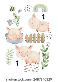 Watercolor vector poster with pigs. Composition for greeting card and etc. Wall decor.