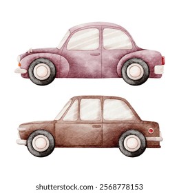 Watercolor Vector with Purple and Brown Cars Vintage style on White Background design