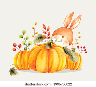 Watercolor vector rabbit with pumpkin