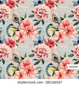 watercolor vector retro pattern, peony flowers, peacock feathers and beads