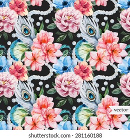 watercolor vector retro pattern, peony flowers, peacock feathers