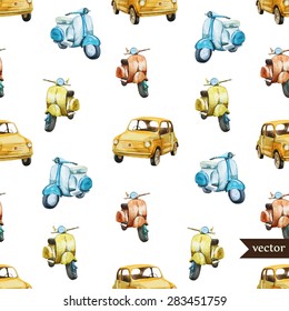 watercolor vector retro pattern transport, car and scooter