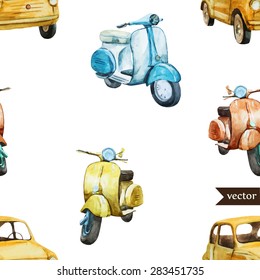 watercolor vector retro wallpaper transport, car and scooter