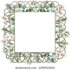 Watercolor vector Rhombus brilliant silver frame with cotton, cedar branches, eucalyptus. Greenery. Template space for text, message, greeting cards, invitation, wedding card, save the date.