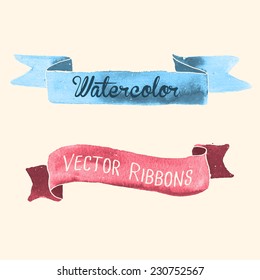 Watercolor vector ribbons and banners for text. Collection of Watercolor design elements, backgrounds, labels and ribbons . Hand drawn abstract colorful stripes.