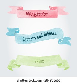 Watercolor vector ribbons and banners for text. Collection of Watercolor design elements, backgrounds, labels and ribbons . Hand drawn abstract colorful stripes.