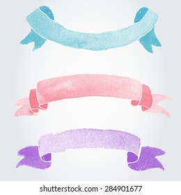 Watercolor vector ribbons and banners for text. Collection of Watercolor design elements, backgrounds, labels and ribbons . Hand drawn abstract colorful stripes.