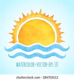 Watercolor vector rising sun with sea waves and spiked crown. Stylized hand drawn holiday, summer vacation watercolour illustration, border, frame. Template, background for your text.