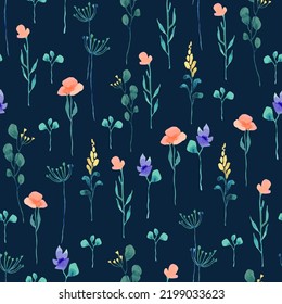 Watercolor vector romantic seamless pattern on dark green background.