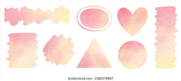 Watercolor vector rose yellow snow backgrounds, shapes collection. Brush strokes, heart, triangle, uneven stripe, circle with spray, hand drawn dots texture. Graphic design elements set, borders.