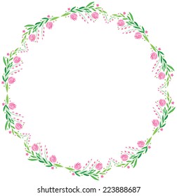 watercolor vector round frame template - pink flower with leaves