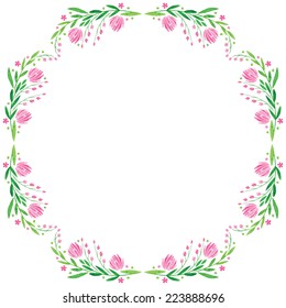 watercolor vector round frame template - pink flower with leaves