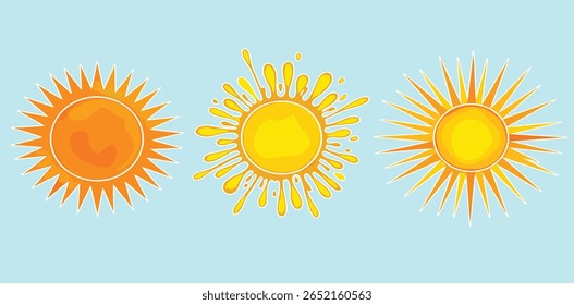 Watercolor vector round sun shapes, spiked crowns, sunburst. Rising sun, sunset, dawn illustrations bundle. Orange red yellow watercolour stains circles, fire flaming frames. 