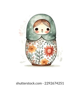 watercolor vector Russia matryoshka doll flowers Russian Day