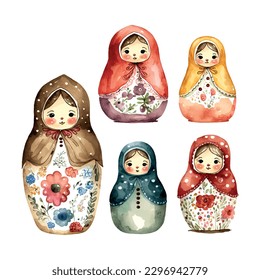 watercolor vector Russia matryoshka set doll flowers Russian Day