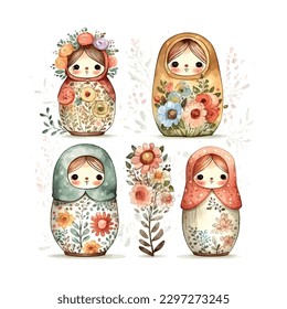 watercolor vector Russia matryoshka set doll flowers Russian Day