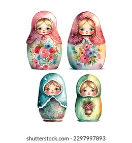 vector de acuarela Rusia matryoshka set flores de muñeca ruso Día de Rusia