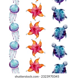 Watercolor Vector Sea Animals Vertical Seamless Borders Set
