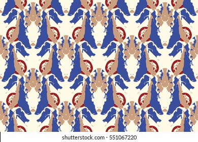 Watercolor Vector Seamless Background in Ethnic Style. Ikat Spring Endless Backdrop With Geometry Pattern. Tribal Exotic Allover Print.