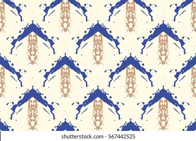 Watercolor Vector Seamless Background in Ethnic Style. Ikat Spring Endless Backdrop With Geometry Pattern. Tribal Exotic Allover Print.