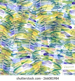 Watercolor vector seamless fern and palms pattern