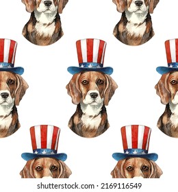 Watercolor vector seamless pattern. 4th of July patriotic illustration with dog, top hat and American flag. Independence day themed design baclground.