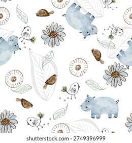 Watercolor vector seamless pattern with animals. Kids background.