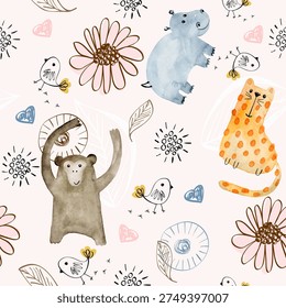 Watercolor vector seamless pattern with animals. Kids background.
