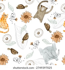 Watercolor vector seamless pattern with animals. Kids background.