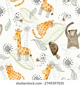 Watercolor vector seamless pattern with animals. Kids background.