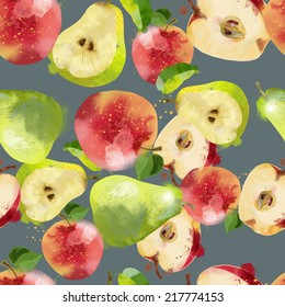 Watercolor vector seamless pattern of apple and pears