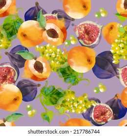 watercolor vector seamless pattern of apricot, grape and figs