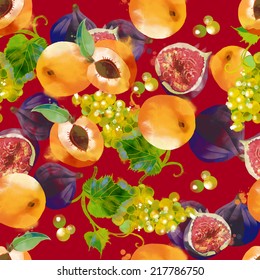 watercolor vector seamless pattern of apricot, grape and figs
