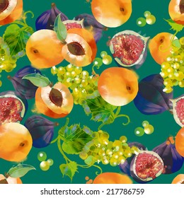 watercolor vector seamless pattern of apricot, grape and figs