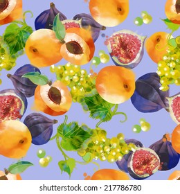 watercolor vector seamless pattern of apricot, grape and figs