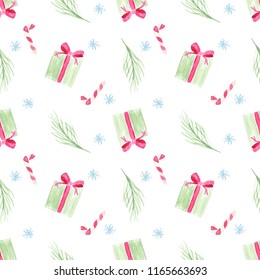 Watercolor vector seamless pattern of christmas gift, pine branch and candy cane on white background.