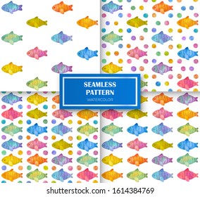 Watercolor vector seamless pattern collection with colorful fishes and spots. Ideal design for cafe, food products, restaurants, cards, posters, invitations