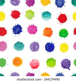 Watercolor vector seamless pattern. Colorful watercolor splashes isolated on white background.