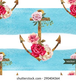 watercolor vector seamless pattern, colorful pattern with blue stripes, anchor, flowers