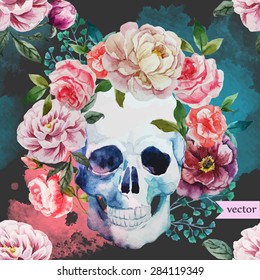 watercolor vector seamless pattern with flowers and skull, dark background