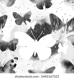 Watercolor vector seamless pattern with flying butterflies and splash in black and white. Monochrome stylish design for textile print, page fill, wrapping paper, web