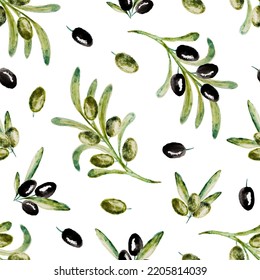 Watercolor vector seamless pattern with green olive tree branches on white background. Hand drawn. For the design natural organic cosmetics, wrapping paper or soap, olive oil.
