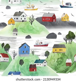 Watercolor vector seamless pattern with houses and ships. Scandinavian rural landscape. Seamless pattern for textile, wrapping paper, page fill, web design, wallpaper
