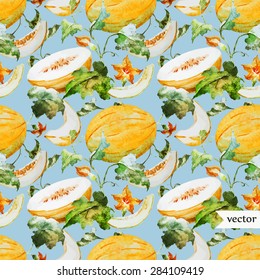 watercolor vector seamless pattern melon, plant, bright background
