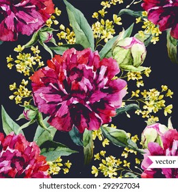 watercolor vector seamless pattern of peony flowers, yellow flowers, black background