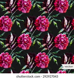 watercolor vector seamless pattern of peony flowers, vintage wallpaper, black background