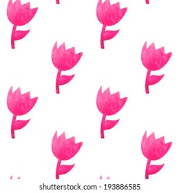 Watercolor vector seamless pattern with pink tulips on white background