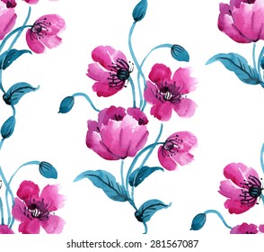 Vector de color de agua patrón sin fisuras con amapolas